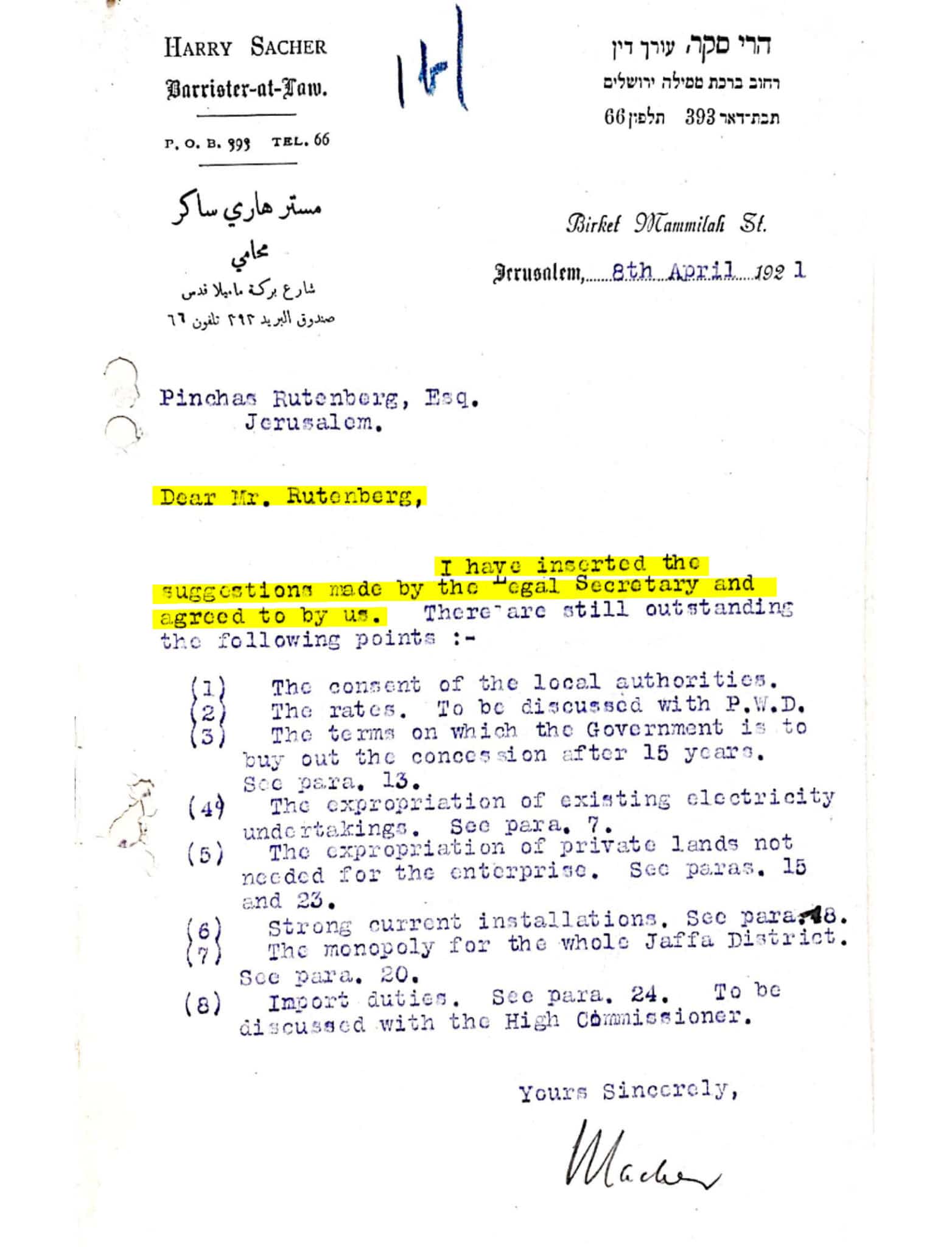 מכתבו של הארי סאקר לפנחס רוטנברג מיום 8.4.1921 בנוגע להסכם הזיכיון